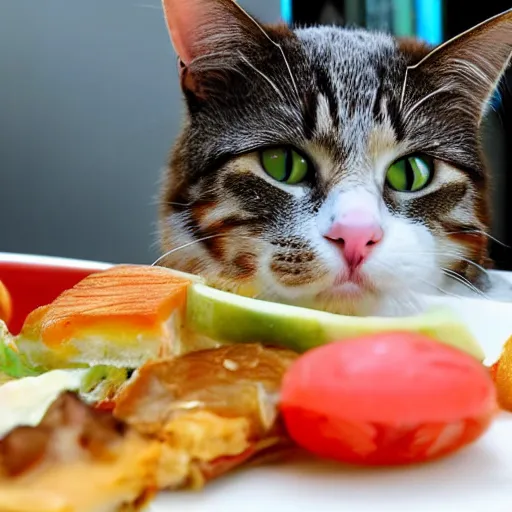 Prompt: Cat mukbang, crunching, chewing, licking, savory fish, delicious tuna