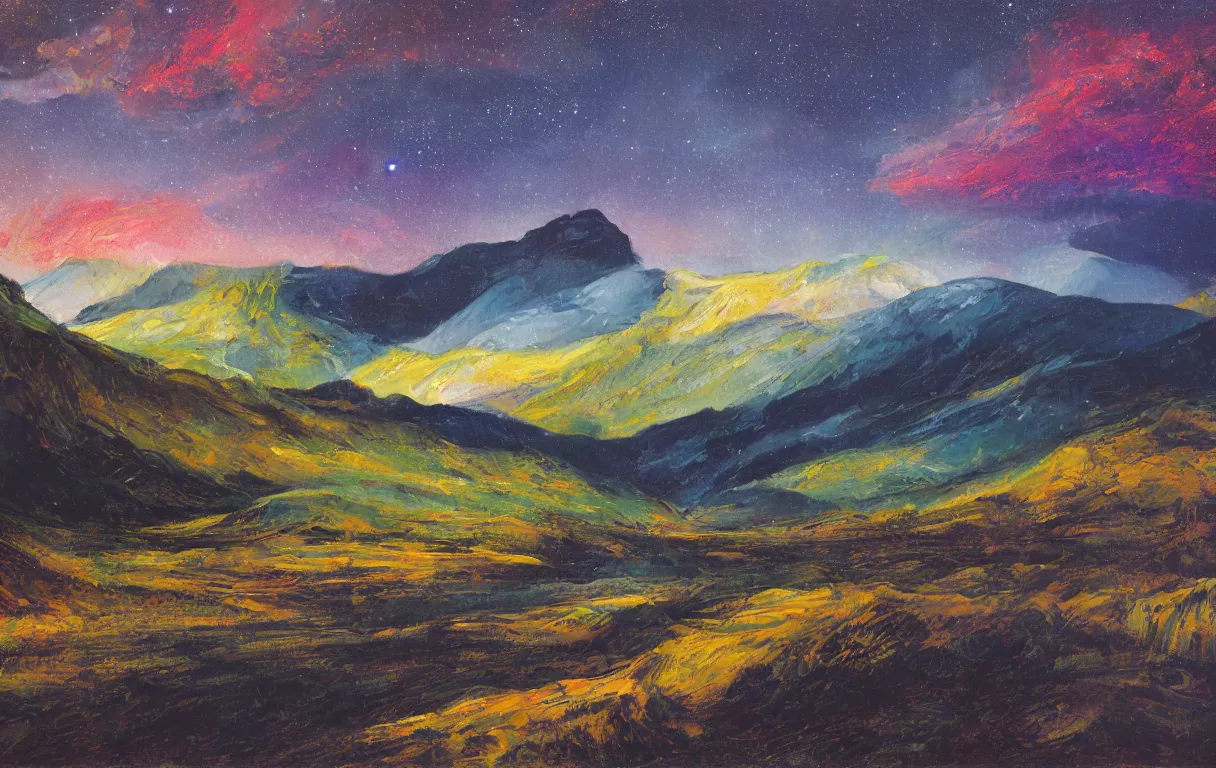 Prompt: Realist colorful impasto painting of the Salmon River mountain valley at midnight by John Harris, stars in the dark sky reflect on the river surface, 4k scan, oil on canvas, visible brushstrokes