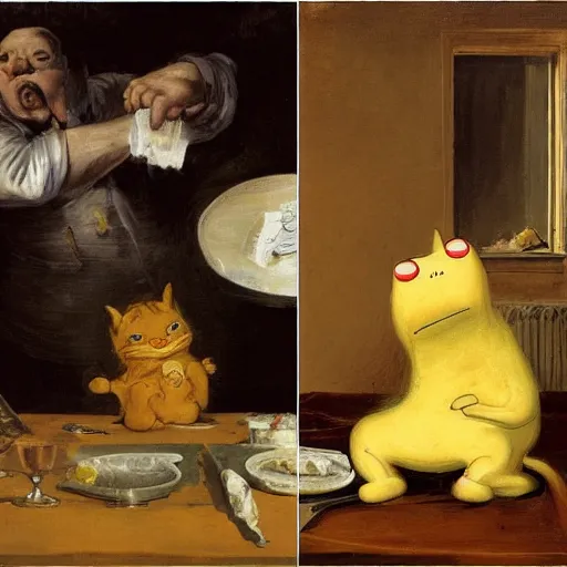 Image similar to garfield the cat devouring a steaming hot lasagna while dilbert looks on in horror, oil painting by francisco goya