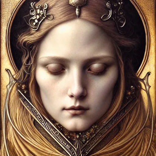 Image similar to detailed realistic beautiful young medieval queen face portrait by jean delville, tom bagshaw, brooke shaden, gustave dore and marco mazzoni, art nouveau, symbolist, visionary, gothic, pre - raphaelite, ornate gilded medieval icon, surreality, ethereal, unearthly