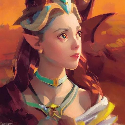 Image similar to greg manchess portrait of zelda as disney character, perfect face, matte painting, bold shapes, hard edges, by huang guangjian, gil elvgren, sachin teng. in a beautiful landscape full of emotions, cgsociety masterpiece, artstation trending, by rossdraws, ghibli, kimi no na wa, greg rutkowski, simon stalberg, greg manchess