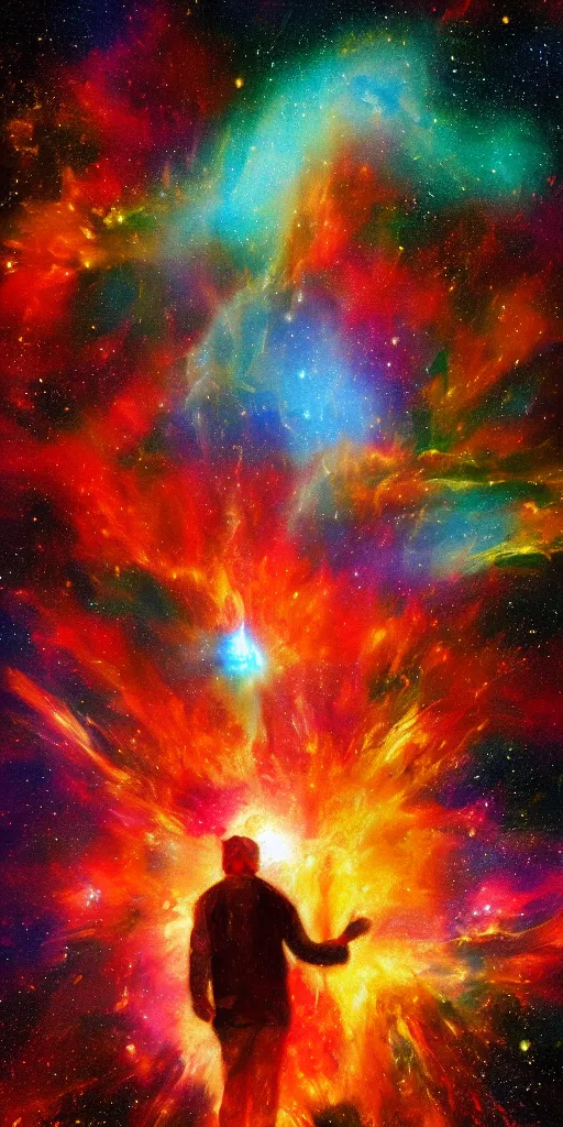 Image similar to an old painting of a man decipted as a nebula explosion, digital painting,