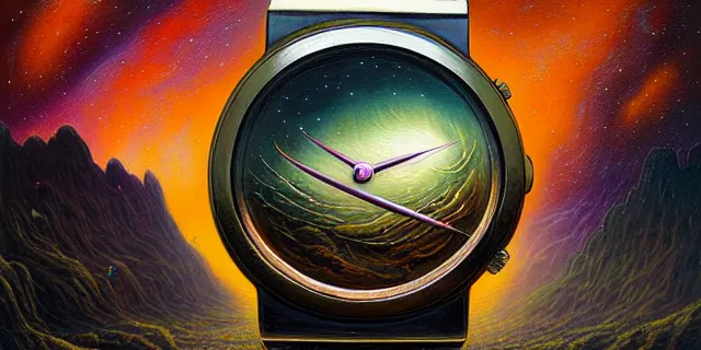 Image similar to painting hyperdetailed a watch face nebulapunk by dan seagrave and tomasz alen kopera and simon stahlenhag