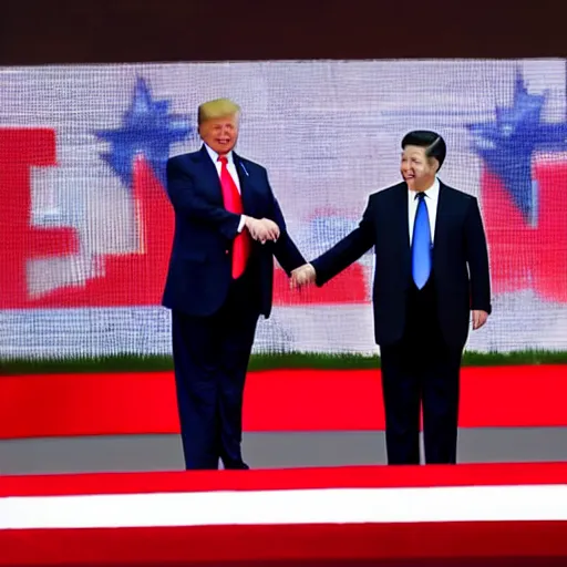 Image similar to trump hugging xi jinping on stage in front of crowd