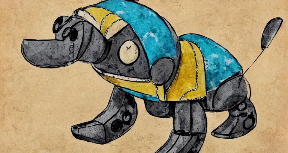 Image similar to a cute retro robot dog. alcohol inks on parchment, muted colors, detailed, textured parchment background, 1 9 5 0 s concept art