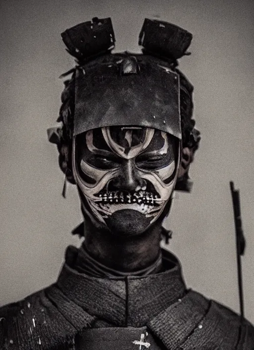 Image similar to samurai portrait photo, wearing all black mempo mask, after a battle, war scene, dirt and unclean, extreme detail, cinematic, dramatic lighting render, extreme photorealism photo by national geographic, paolo roversi, masterpiece