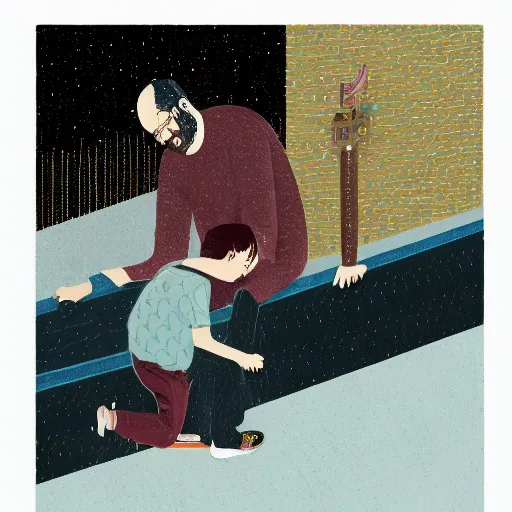 Image similar to a son admiring his father, joyful, illustration by victo ngai, studio muti, malika favre