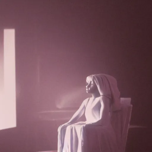 Prompt: a woman in a white dress sitting in a chair, concept art by john carpenter, volumetric lighting, hypermodernism, criterion collection