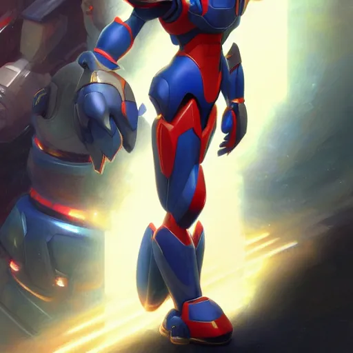 Image similar to photorealistic futuristic version of mega man x armor, unreleased concept art, pixiv, intricate, elegant, highly detailed, digital painting, artstation, concept art, smooth, sharp focus, illustration, art by artgerm and greg rutkowski and alphonse mucha