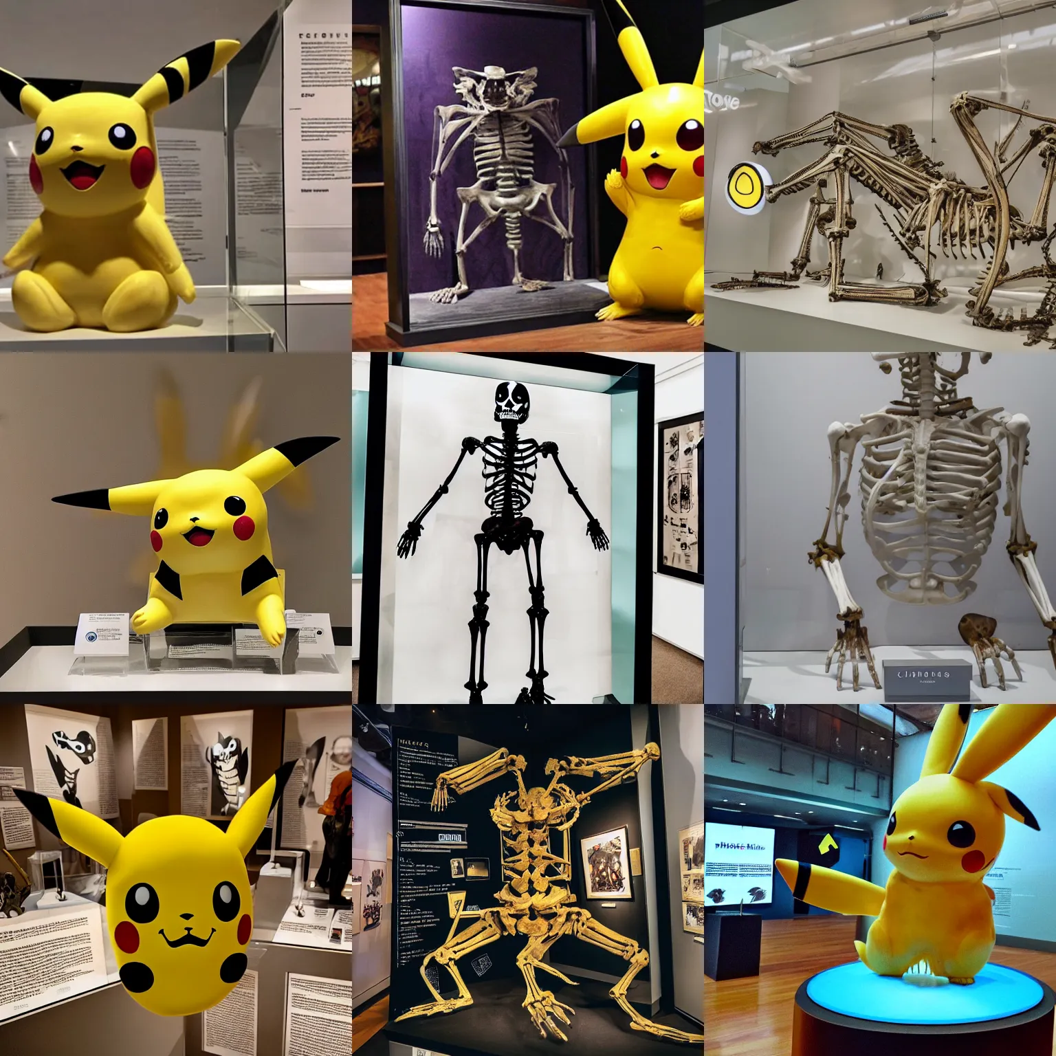 Image similar to photo of a pikachu skeleton on display in a museum