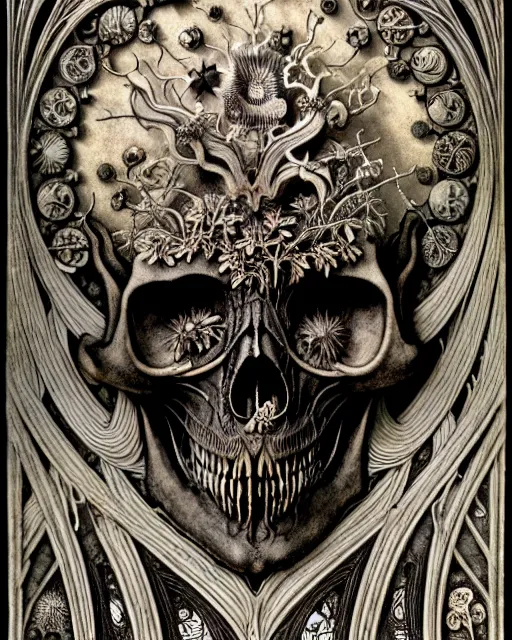 Image similar to art forms of nature by ernst haeckel, memento mori by arthur rackham, ornate antique porcelain beautiful skull mask, ultrasharp, photorealistic, hyperdetailed, octane render, polished, art nouveau, neo - gothic, gothic, intricate ornamental organic filigree, art nouveau botanicals, art forms of nature by ernst haeckel, horizontal symmetry, symbolist, visionary