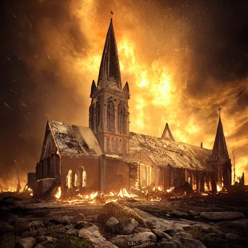 Image similar to hyperrealistic photograph of the norway churches burned to the ground, fire, giant bones, dim volumetric lighting, octane beautifully detailed render, extremely hyper detailed, intricate, epic composition, cinematic lighting, masterpiece, trending on artstation, very detailed, stunning, hdr, smooth, sharp focus, high resolution, award, winning photo