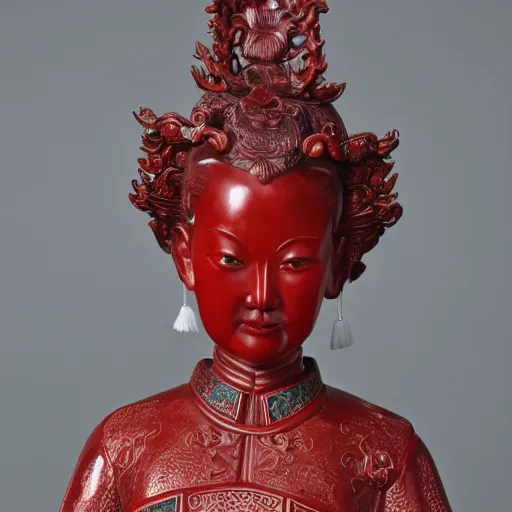 Image similar to museum angeline joile portrait statue monument made from chinese porcelain brush face hand painted with iron red dragons full - length very very detailed symmetrical well proportioned