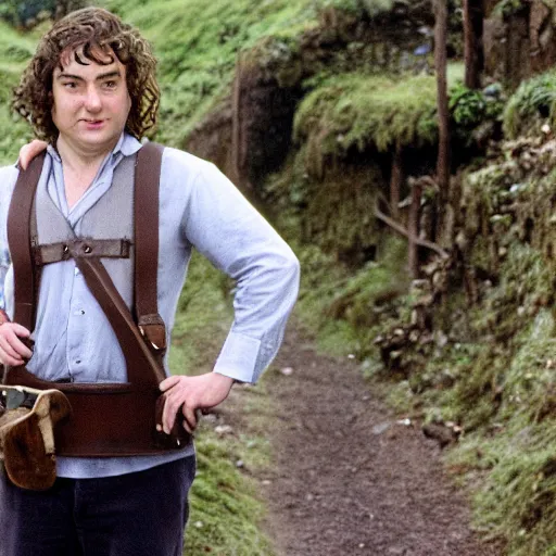 Image similar to clean shaven pudgy British lad with short curly dark brown hair as a hobbit wearing a white men's crossbody sling chest bag and blue vest, high resolution film still, movie by Peter Jackson