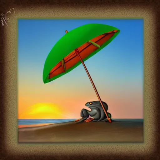 Image similar to frog on the beach with an umbrella next to him, watching a beautiful sunrise, digital art, highly detailed