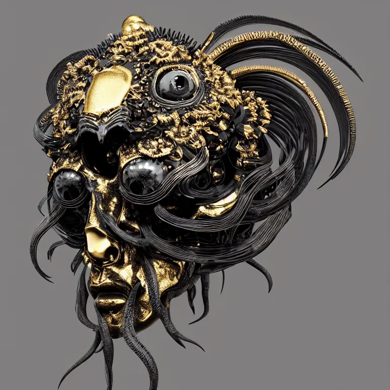 Image similar to black background. absolutely symmetrical sculpture. centered. goddess princess face close-up portrait ram skull. sculpture made of gold and black charcoal. jellyfish phoenix head, nautilus, orchid, skull, betta fish, bioluminiscent creatures, intricate artwork by Tooth Wu and wlop and beeple. octane render, trending on artstation, greg rutkowski very coherent symmetrical artwork. cinematic, hyper realism, high detail, octane render, 8k