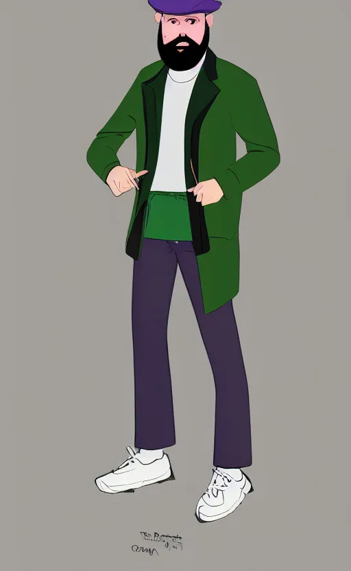 Prompt: a man of caucasian appearance with a chin curtain brown beard and without mustache in a black hat, green jacket, purple pants and white sneakers in full height, perfect face, concept art