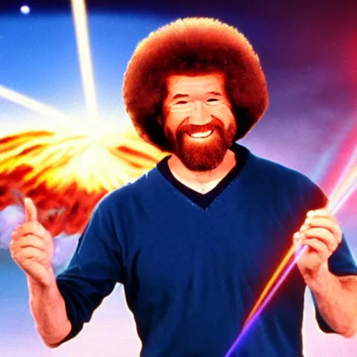 Prompt: Bob Ross standing in front of an explosion, smiling at the camera, shooting lasers out of his eyes
