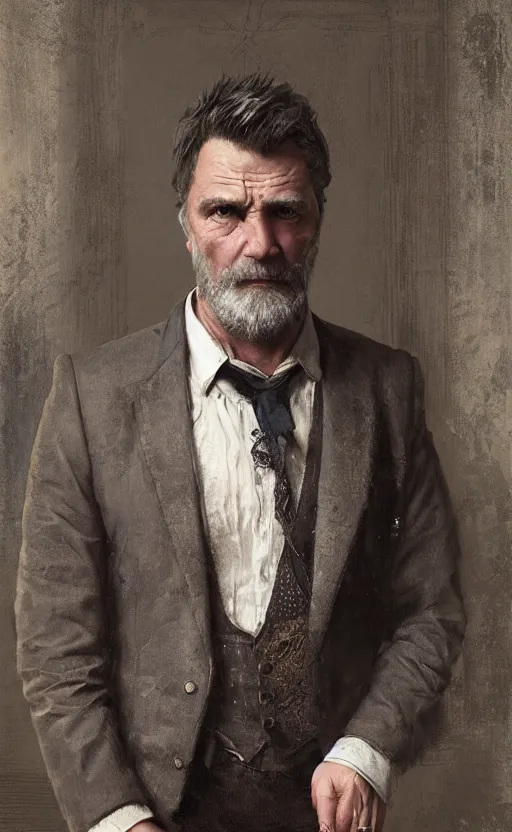 Prompt: official portrait of a middle aged man wearing a waistcoat, male, detailed face, victorian, highly detailed, cinematic lighting, digital art painting by greg rutkowski