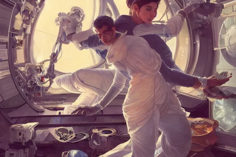 Prompt: Exhausted good looking pale young Indian doctors wearing jeans in a space station above Earth performing surgery, portrait, elegant, intricate, retrofuturistic digital painting, artstation, concept art, smooth, sharp focus, illustration, art by artgerm and greg rutkowski and alphonse mucha