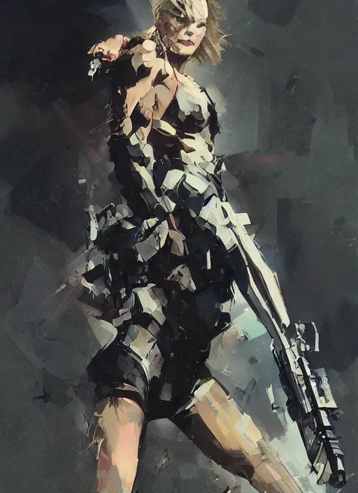 Prompt: Margot Robbie wearing metal gear armor holding ak-47 dramatic lighting art by Yoji Shinkawa by Richard Schmid by greg rutkowski by Sandra Chevrier by Jeremy Lipking cinematic dramatic