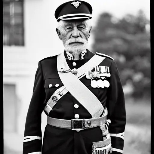 Image similar to his majesty the king, a gruff man in his late 8 0 s with a stern look and flowing white hair, his military uniform filled with medals, black and white photography, kodak retina i, 3 5 mm, photo taken 1 9 3 3