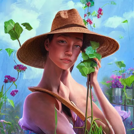 Image similar to slightly rusty nonhuman robot gardener in a straw hat, waters flowers, highly detailed, texture, background greenhouse, mild dreamy professional lighting, digital art, smooth, sharp focus, illustration, wide angle shot, full body visible, art by artgerm, by rutkowsky, from Treasure Planet,