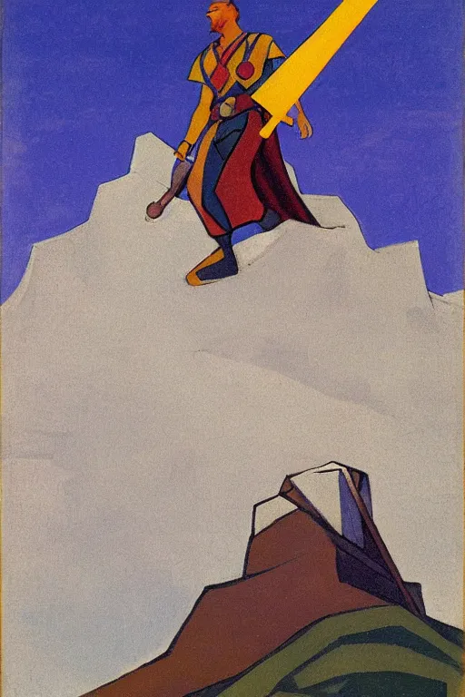 Image similar to thor holding the hammer, stay on mountain, marvel, artwork by nicholas roerich,