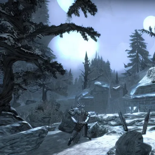 Image similar to The world of Skyrim in Playstation 1 graphics