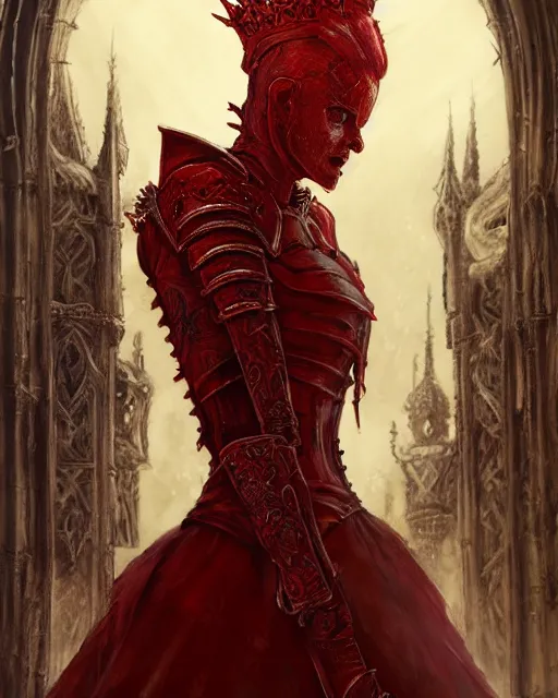 Image similar to redhead queen in heavy red armor, inside an epic gothic castle, baroque, large crown, face with scars, mad grin, intimidating, ominous, high fantasy, intricate detail, digital painting, artstation, concept art, smooth, sharp focus, illustration, art by yoshitaka amano and monia merlo and wlop