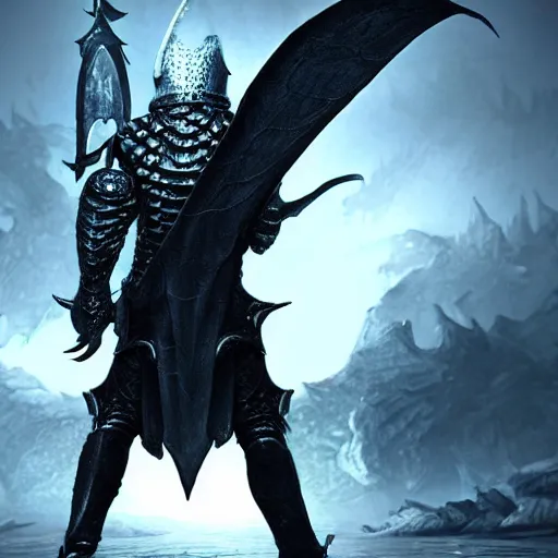 Prompt: detailed hypperrealistic artstation render, full body front view of a scaly black cloaked man, wearing a metal knights helmet, carries a large knights blue greatsword in his hands, in addition tentacles emerge from his back like wings