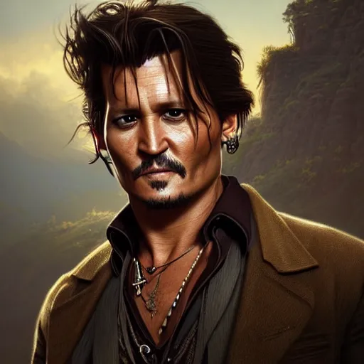 Image similar to Johnny Depp as Nathan Drake, western, D&D, fantasy, intricate, elegant, highly detailed, digital painting, artstation, concept art, matte, sharp focus, illustration, art by Artgerm and Greg Rutkowski and Alphonse Mucha