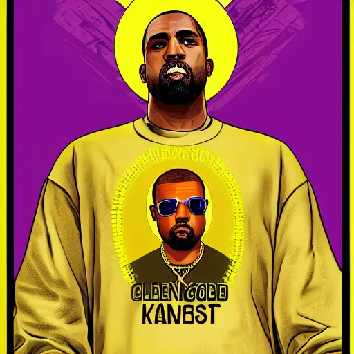 Image similar to illustration gta 5 artwork of holy saint kanye west, golden cross, in the style of gta 5 loading screen, by stephen bliss