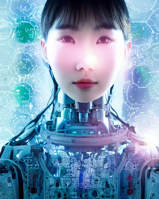 Image similar to beautiful centered photo portrait of hoyeon jung as a solarpunk robotic humanoid with white mechanical parts with bright halogen lights, treading on calm water, ultra - realistic and detailed, sun lit, white background, bokeh, soft focus, slow exposure hdr 8 k