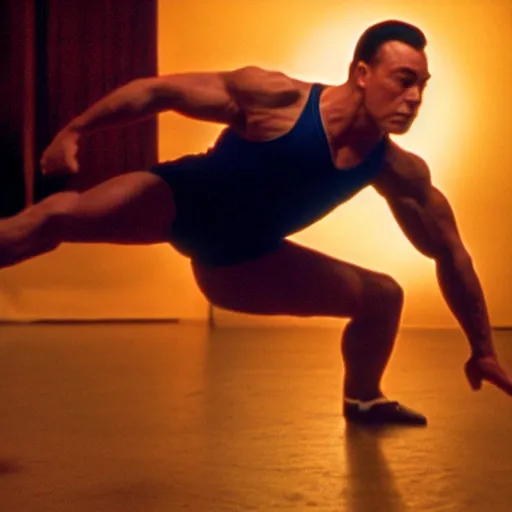 Image similar to cinematic still, young Jean Claude Vandamme doing the splits, dramatic lighting ,award winning,