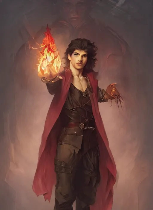 Image similar to character concept portrait of an attractive young focused Spanish wizard with pale red enchanting a flaming seduction spell, a floating burning spell book in the center, intricate, elegant, digital painting, concept art, smooth, sharp focus, illustration, from Metal Gear, by Ruan Jia and Mandy Jurgens and William-Adolphe Bouguereau, Artgerm