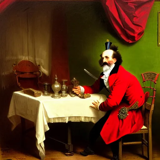 Image similar to 1862, a sad plotting man in a 1862 red jester suit with jester hat sitting in a wooden chair near a table covered with cloth. the room is dimly lit. gathering of people in other room to right side of image art style of Jan Matejko, ominous, realistic, highly detailed