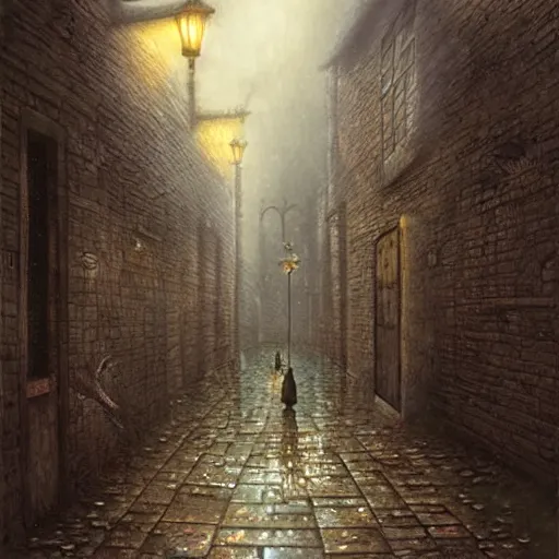 Image similar to strange alleyway, rainy night by Andrew Ferez, Shaun Tan