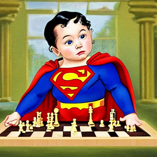 Prompt: superman baby playing chess looking wise, rococo oil painting, highly detailed