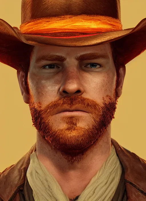 Prompt: glowwave portrait of curly orange hair man from red dead redemption 2, au naturel, hyper detailed, digital art, trending in artstation, cinematic lighting, studio quality, smooth render, unreal engine 5 rendered, octane rendered, art style by klimt and nixeu and ian sprigger and wlop and krenz cushart.