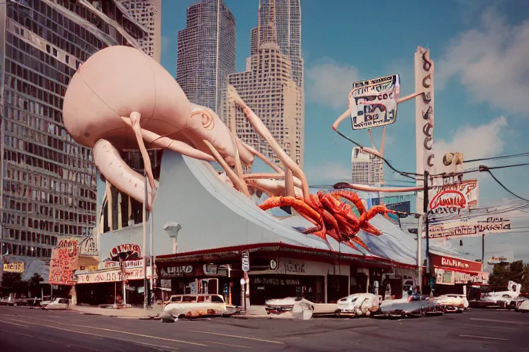 Image similar to 2 0 1 5 giant crab terrorizing a city, googie architecture, americana, fishcore, exterior photography, hd 8 k, photography cinestill