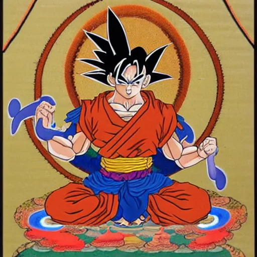 Image similar to Goku depicted in a Thangka art painting