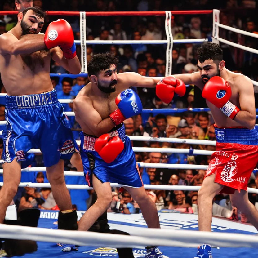 Image similar to landscape photography of a boxing match between rohit sharma and virat kohli in the ring, ultra realistic, highly detailed, canon 3 5 mm photography