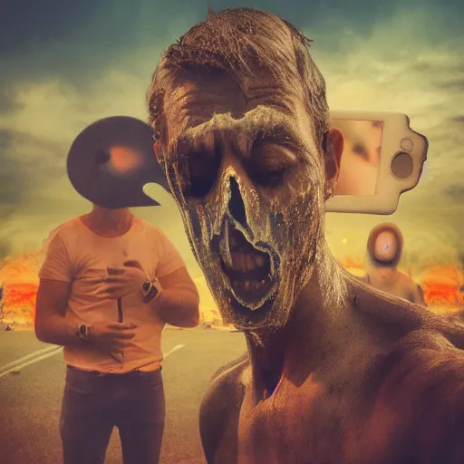 Prompt: selfies people with melting faces took at a nuclear apocalypse, photorealist, 4 k