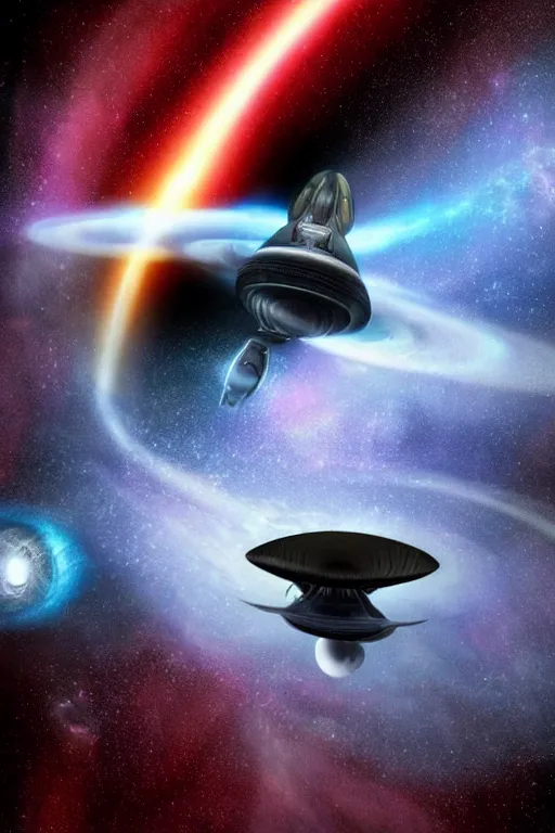 Prompt: spaceship fly into black hole!! epic vibe!! cinematic scene