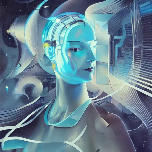 Image similar to scifi futurism automaton minimalism chrome by peter mohrbacher art Hajime Sorayama airbrush hyperrealism model abstract shatter fragments cubism futurism pastel blue soft flat minimal minimalism portrait face jackson pollock ukiyo-e lithograph mark ruthko swirl escape noise shimmer glow paint