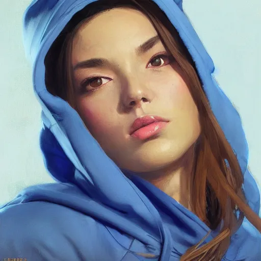 Image similar to greg manchess portrait painting of a beautiful girl wearing a blue hoodie as overwatch character, medium shot, asymmetrical, profile picture, organic painting, matte painting, bold shapes, hard edges, street art, trending on artstation, by huang guangjian and gil elvgren and sachin teng and wlop and rossdraws and greg rutkowski