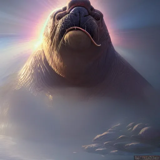 Prompt: a hyper dimensional walrus ray traced light by WLOP and tony sart, god rays, fantasy art, 4k, HDR, photorealistic, 8k, trending on artstation