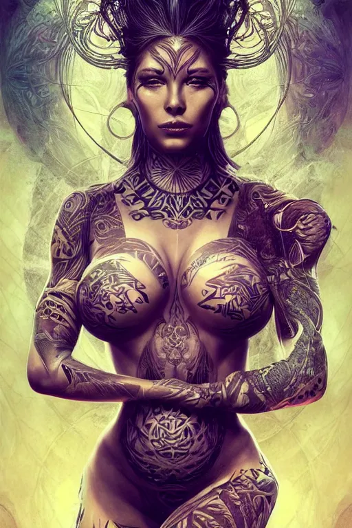 Image similar to a centered full body render of an alluring futuristic goddess with tribal tattoos surrounded by a underwater ink pour and flowing liquid gallium and sacred geometry, perfect body and face, powerful, cinematic, beautifully lit, by artgerm, by karol bak, 3 d, trending on artstation, octane render, 8 k