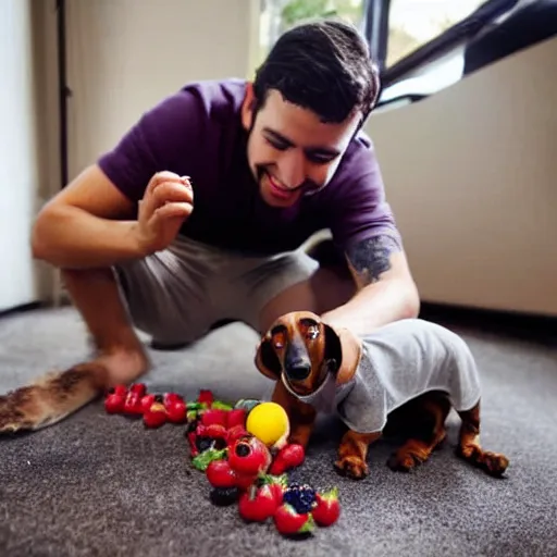 Prompt: award winning photograph, an argentinian playing fortnite with a dachshund, fruit around him, indoor, fun, friendly